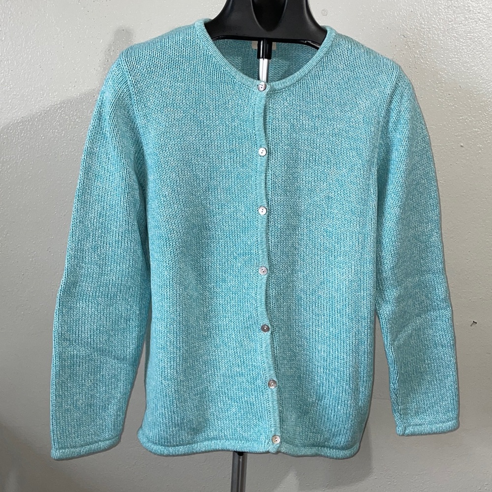 L.L.Bean Seafoam Green White Cotton Knit Button Cardigan Sweater XL Coastal Soft